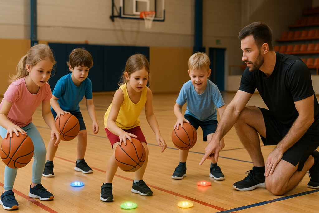 Dzieci ćwiczące z piłkami podczas zajęć Basket Up według metody IMOPEKSIS