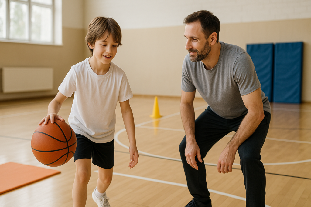 Dziecko podczas bezpiecznego treningu ogólnorozwojowego z elementami koszykówki